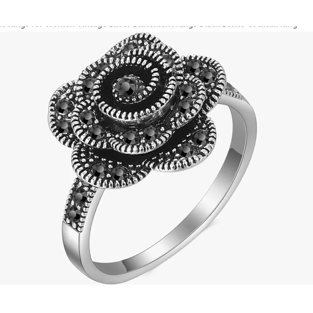 New~Sparkling Marcasite Gemstone Flower Design Ring Sz 8